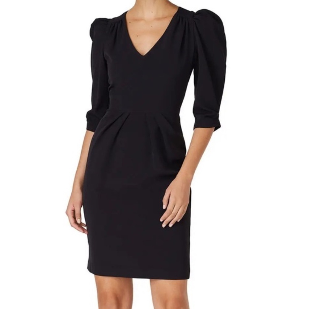 Black Halo Livia Puff Shoulder ¾ Sleeve Pleated Sheath Dress in Black